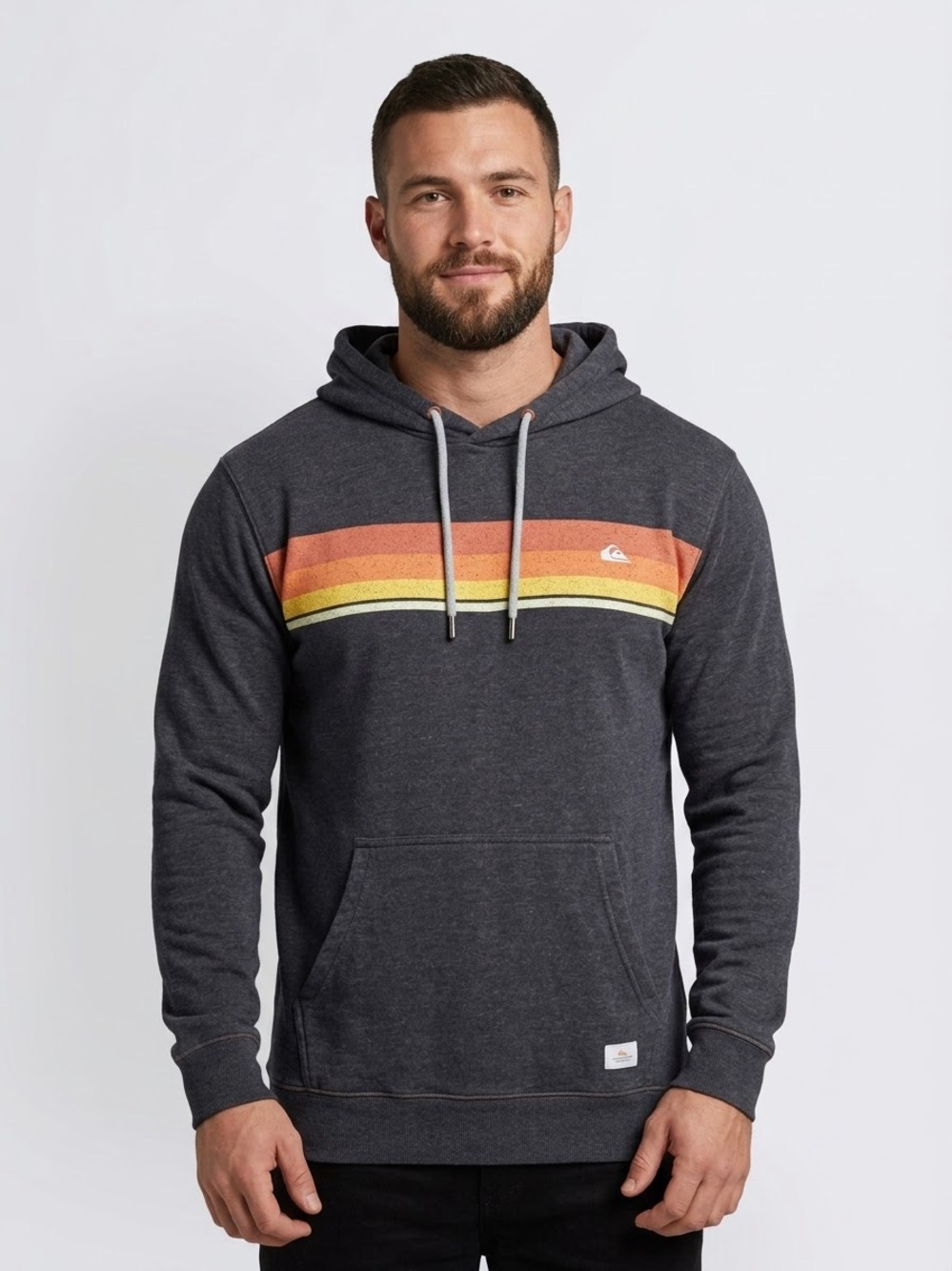 Quiksilver Men's Charcoal Hoodie with Orange and Yellow Stripes